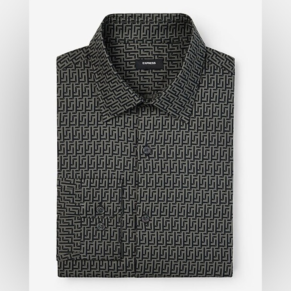 NWT Men’s Express Black Slim Maze Geo Print Stretch 1MX Dress Shirt